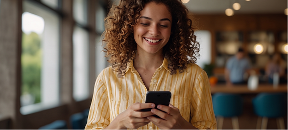 Mulher sorrindo olhando o celular